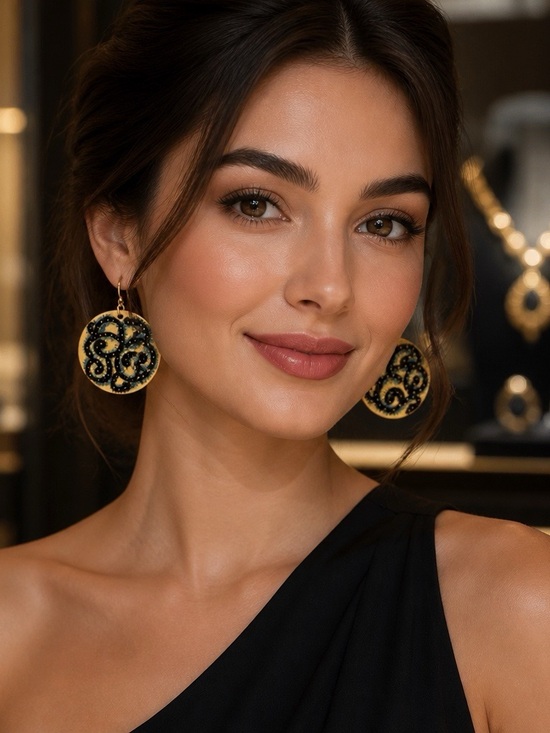 Jewelry - Chic Style Hand Designed Elegant Black and Gold Filigree Disc Earrings